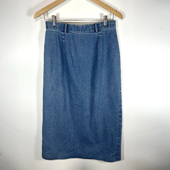Y2K‎ Vtg 90s BRITISH KHAKI ROBERT LIGHTON Long Pencil Blue Denim Jean Skirt Sz 8 - Picture 1 of 8